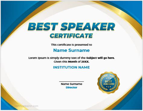 Certificate of Appreciation for Best Speaker .